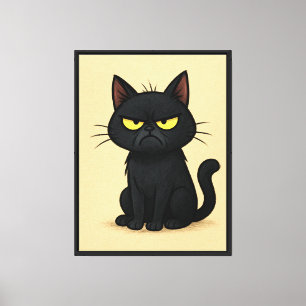 Funny Grumpy Black Cat Cartoon Canvas Print