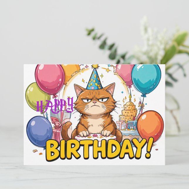 Funny Grumpy Cat Birthday Card – Cartoon Party Hum (Standing Front)