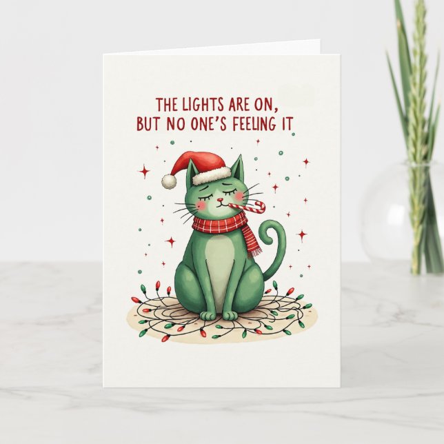 Funny Grumpy Cat Christmas Card The Lights Are On (Front)