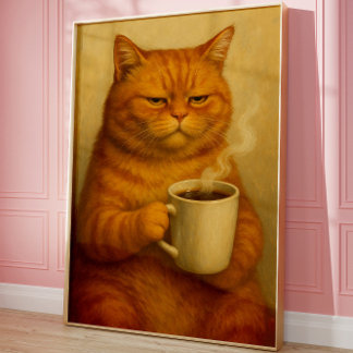 Funny Grumpy Cat Coffee Poster Vintage Oil Art