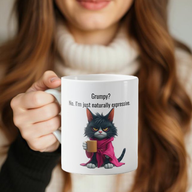 Funny Grumpy cat in a Robe and Coffee Black Cat Mug (Funny Cat Mug-Grumpy cat-Cat in a Robe and Coffee-Black Cat Coffee Mug )