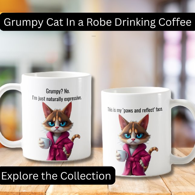 Funny Grumpy cat in a Robe and Coffee Calico Cat Mug (Funny Grumpy Cat in a Robe with Coffee.  Perfect gifts, Cat lovers, Coffee Lovers)