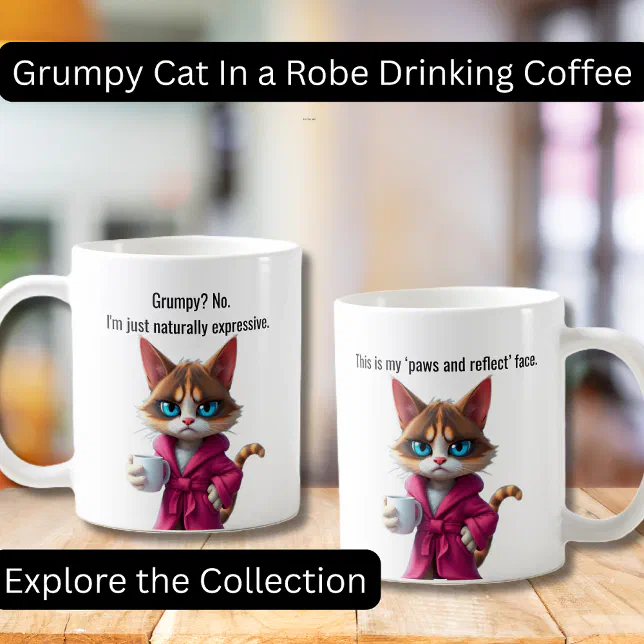 Funny Grumpy cat in a Robe and Coffee Calico Cat Mug | Zazzle