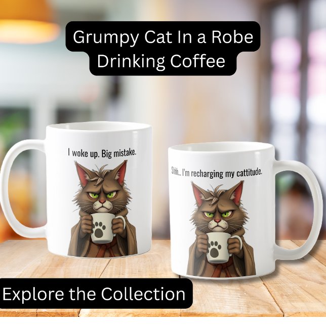 Funny Grumpy cat in a Robe and Coffee Cat Mug (Funny Grumpy Cat in a Robe with Coffee.  Perfect gifts, Cat lovers, Coffee Lovers)