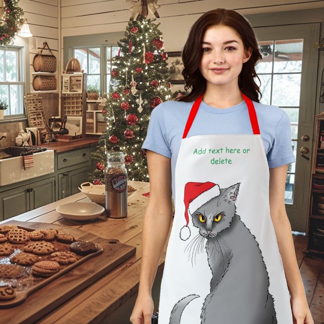 Funny Grumpy Christmas Grey Cat Holiday Humor Apron (Creator Uploaded)