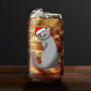 Funny Grumpy Christmas Grey Cat Holiday Humor Can Glass