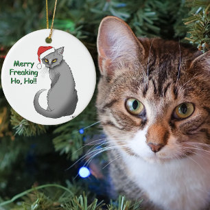 Funny Grumpy Christmas Grey Cat Holiday Humor Ceramic Ornament