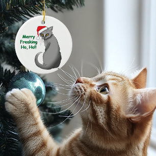 Funny Grumpy Christmas Grey Cat Holiday Humor Ceramic Ornament
