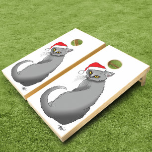 Funny Grumpy Christmas Grey Cat Holiday Humor Cornhole Set