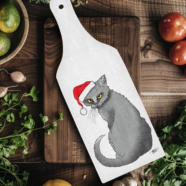 Funny Grumpy Christmas Grey Cat Holiday Humor Cutting Board (Creator Uploaded)