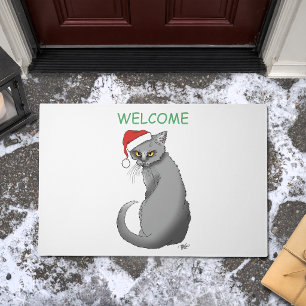 Funny Grumpy Christmas Grey Cat Holiday Humor Doormat