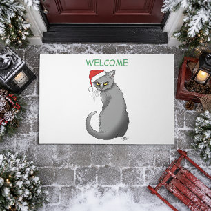 Funny Grumpy Christmas Grey Cat Holiday Humor Doormat