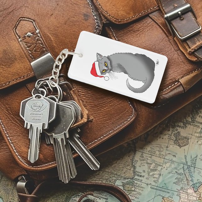 Funny Grumpy Christmas Grey Cat Holiday Humor Keychain (Creator Uploaded)