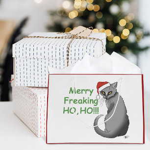 Funny Grumpy Christmas Grey Cat Holiday Humor Large Gift Bag