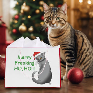 Funny Grumpy Christmas Grey Cat Holiday Humor Large Gift Bag