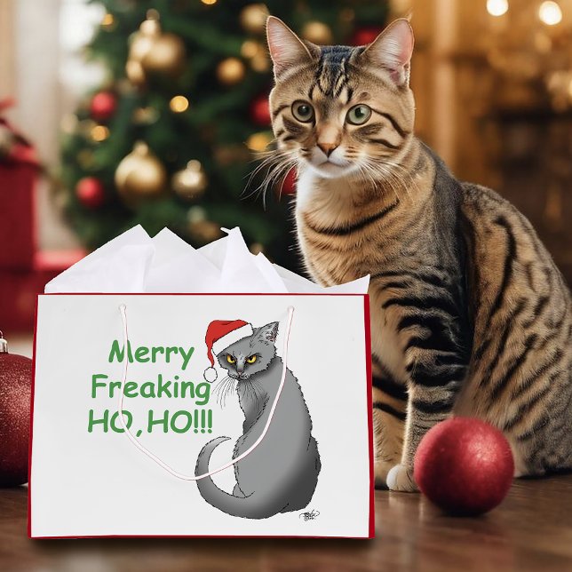 Funny Grumpy Christmas Grey Cat Holiday Humor Large Gift Bag (Creator Uploaded)