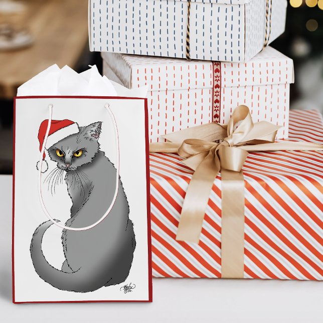 Funny Grumpy Christmas Grey Cat Holiday Humor Medium Gift Bag (Creator Uploaded)