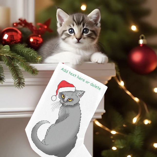 Funny Grumpy Christmas Grey Cat Holiday Humor Small Christmas Stocking (Creator Uploaded)