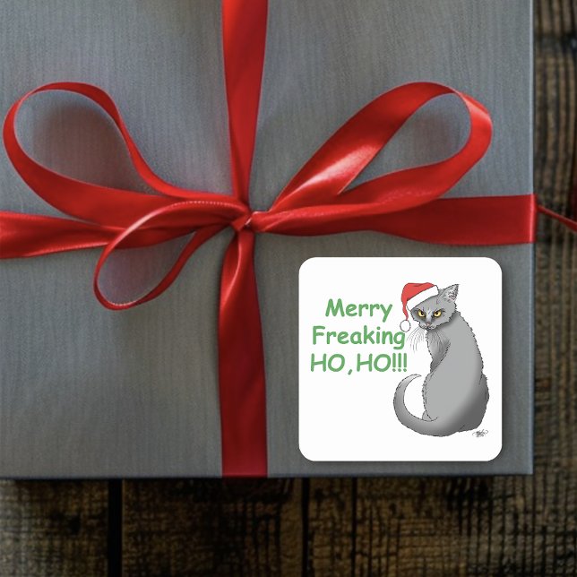 Funny Grumpy Christmas Grey Cat Holiday Humor Square Sticker (Creator Uploaded)