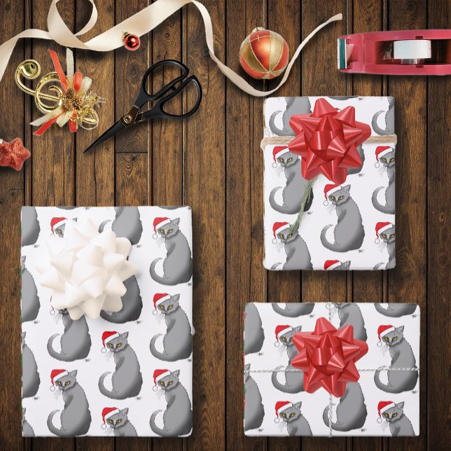 Funny Grumpy Christmas Grey Cat Holiday Humor Wrapping Paper Sheets (Creator Uploaded)