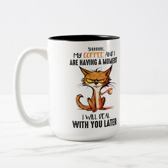 Funny Grumpy Coffee Cat Two-Tone Coffee Mug (Left)