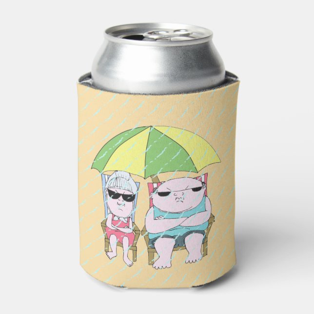 Funny Grumpy Couple at the Beach in Rain Art Can Cooler (Can Front)