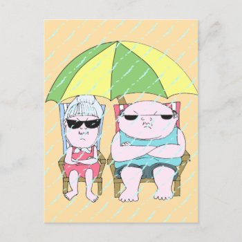Funny Grumpy Couple At The Beach In Rain Art Postcard by DippyDoodle at Zazzle