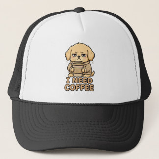 Funny Grumpy Dog I Need Coffee Hoodie - Cute Coffe Trucker Hat