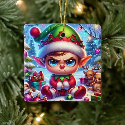 Funny Grumpy Elf Christmas Ceramic Ornament