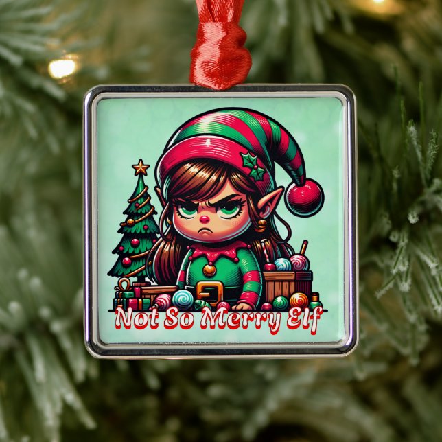 Funny Grumpy Elf Christmas Metal Ornament (Tree)