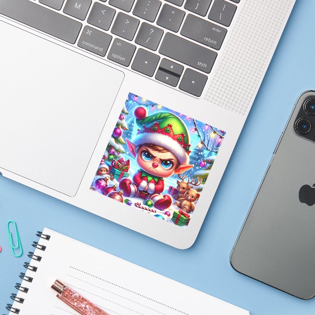 Funny Grumpy Elf Christmas Sticker (Laptop w/ iPhone)