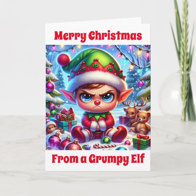 Funny Grumpy Elf Christmas | Wish I was with You Card (Front)