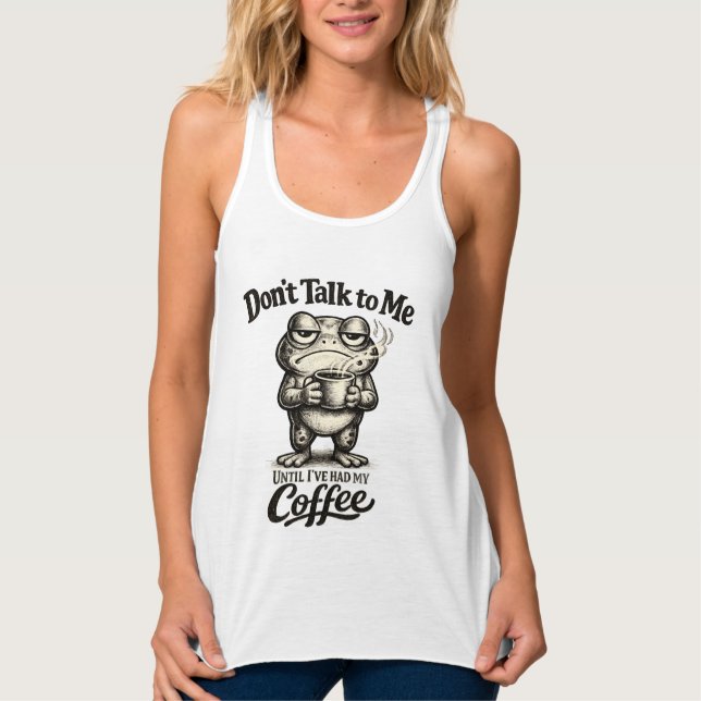Funny Grumpy Frog Drinking Coffee Tank Top (Front)