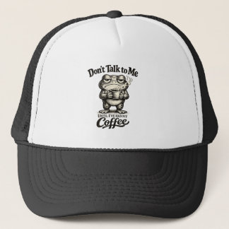 Funny Grumpy Frog Drinking Coffee Trucker Hat