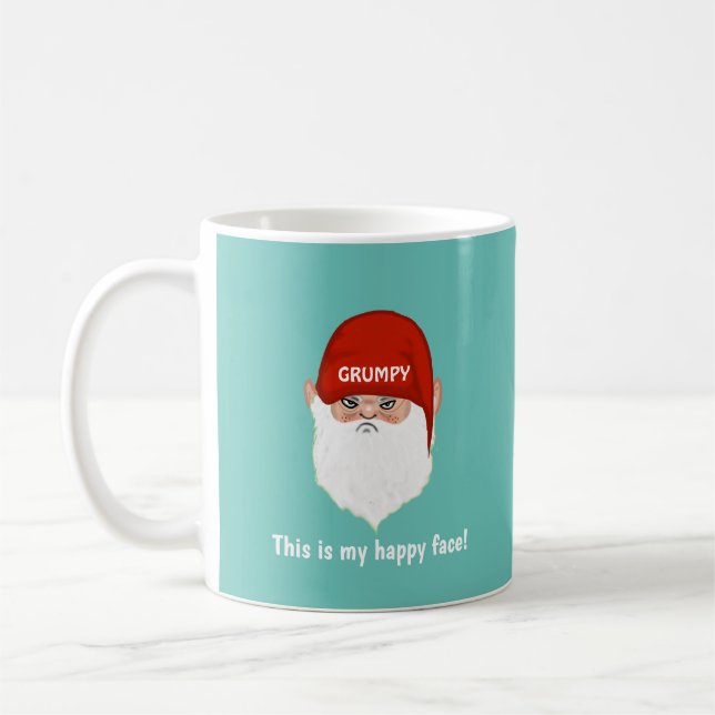 Funny Grumpy Gnome Face on Teal Coffee Mug (Left)