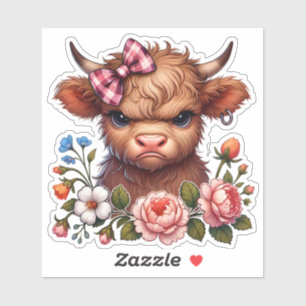Funny Grumpy Highland cow Floral Sticker