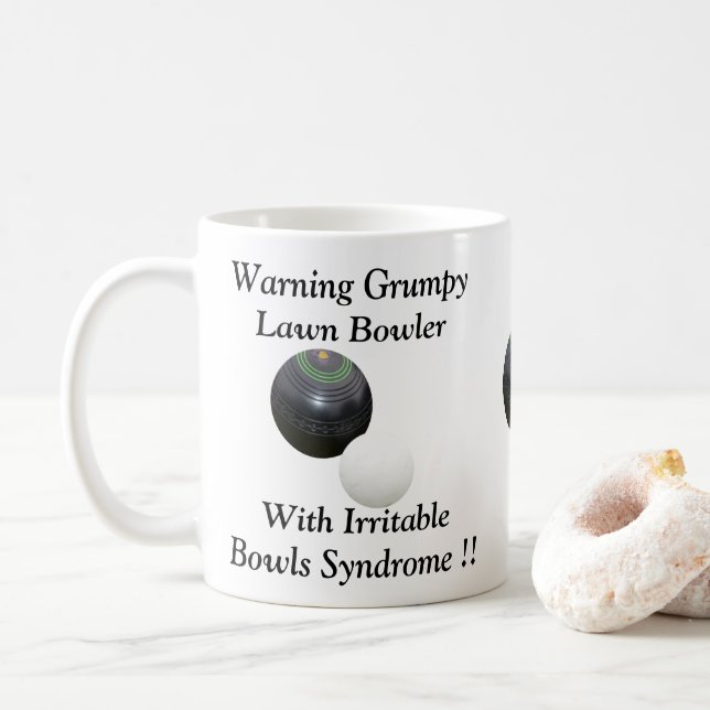 Funny Grumpy Lawn Bowler, Coffee Mug (With Donut)