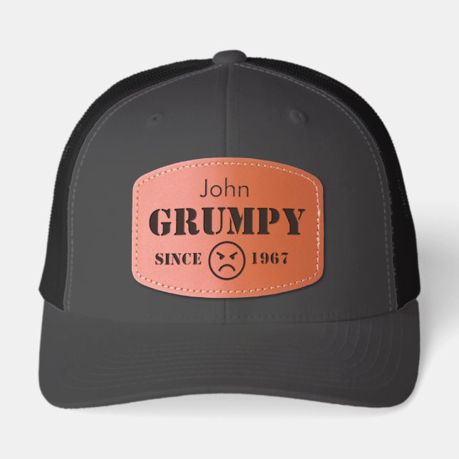Funny Grumpy Since Year Personalised Emblem Leather Patch Hat (Front)