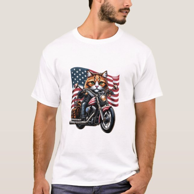 Funny Grunge Cat Riding Motorcycle American flag T-Shirt (Front)