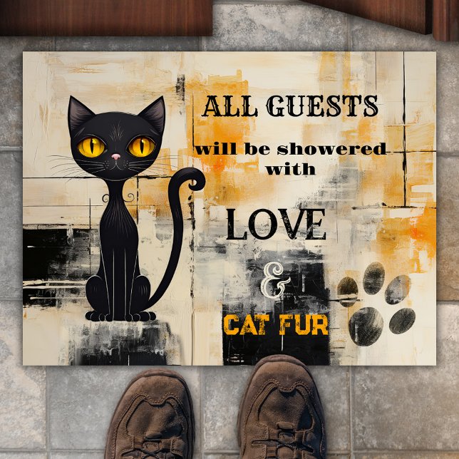Funny Grunge Ocher Black Cat  Doormat (Funny doormat featuring a cute black cat on a grunge painted background in ocher, ivory and black)