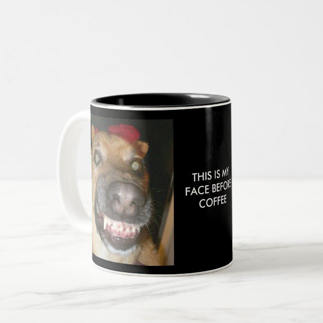 Funny GSD Dog This Is My Face Before Coffee Funny Two-Tone Coffee Mug (Front Left)