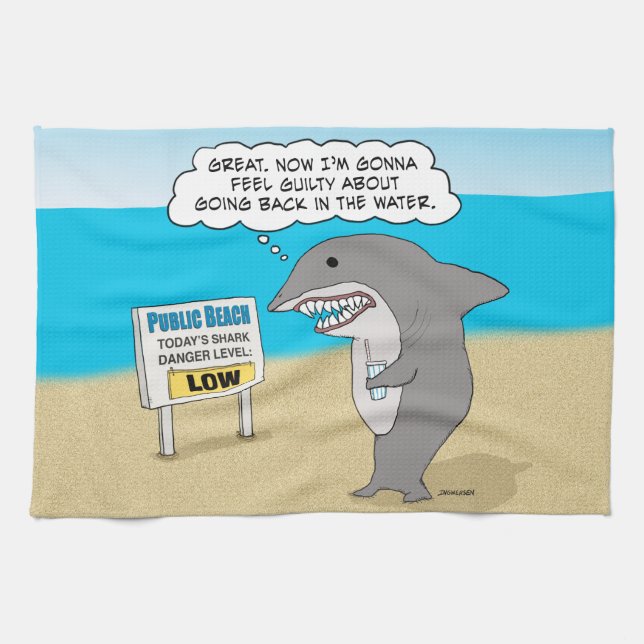 Funny Guilty Shark on Beach Kitchen Towel (Horizontal)