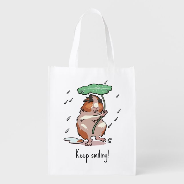 Funny Guinea Pig Keep Smiling Rain Dancing Cartoon Grocery Bag (Front)