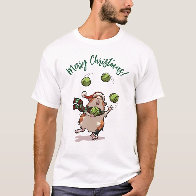 Funny Guinea Pig Merry Christmas! Juggler Cartoon T-Shirt (Front)