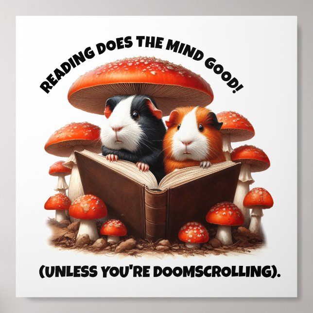 Funny Guinea Pigs Reading Under Red Mushrooms Acrylic Photo Tile (Front Set)