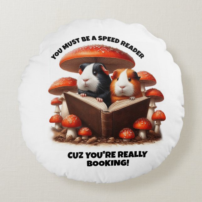 Funny Guinea Pigs Reading Under Red Mushrooms Round Pillow (Front)
