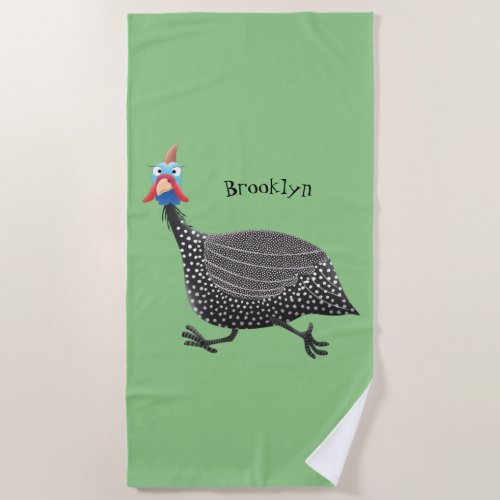 Funny Guineafowl bird cartoon illustration  Beach Towel