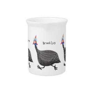 Funny Guineafowl bird cartoon illustration Beverage Pitcher