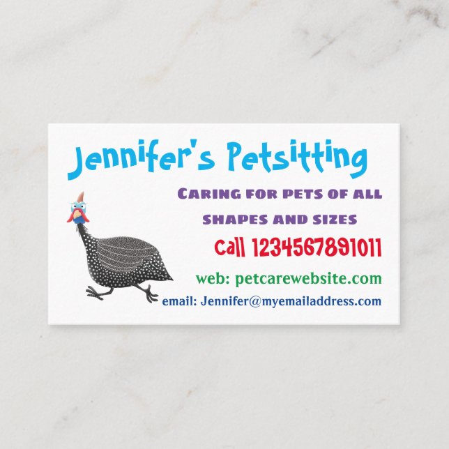 Funny Guineafowl bird cartoon illustration Business Card (Front)