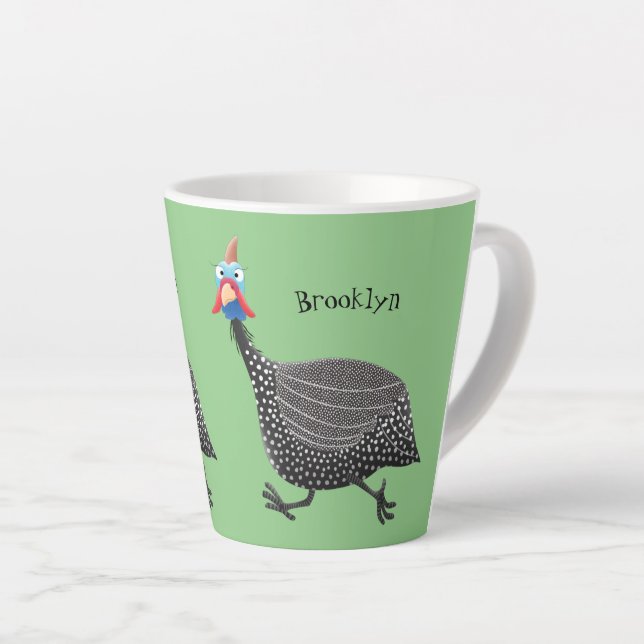 Funny Guineafowl bird cartoon illustration  Latte Mug (Right Angle)
